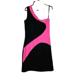 Vtg Y2K 90s Deb Mini Dress Size L One Shoulder Pink Black Bodycon Party HOCO